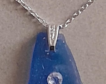 Sea Glass Necklace – Shetland Blue Genuine artisan Ocean jewellery with cubic zirconia Detail