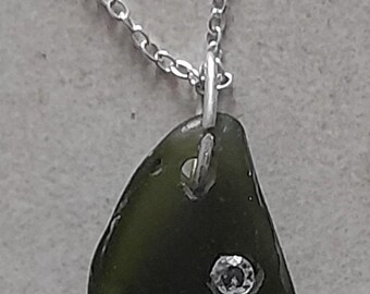 Sea Glass Necklace Shetland olive gree  artisan Ocean jewellery with cubic zirconia Detail