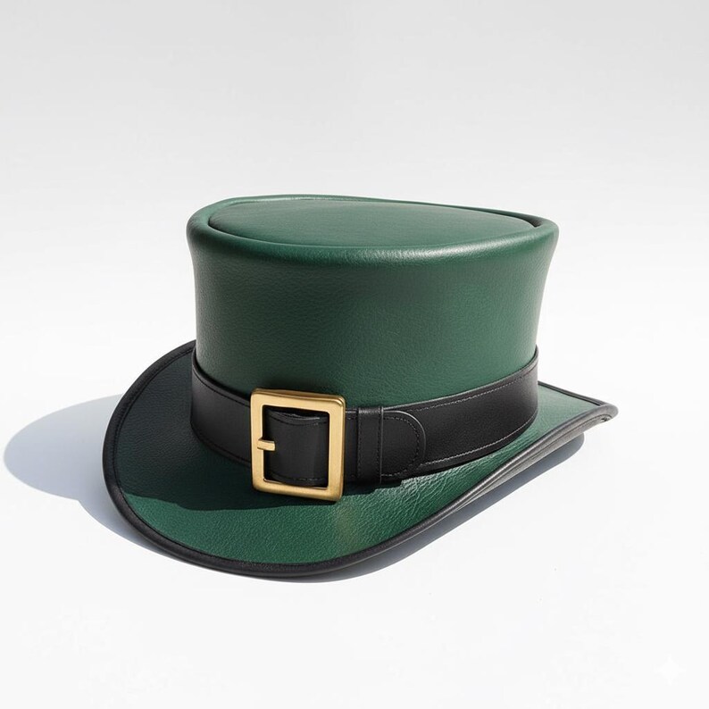 May include: A green top hat with a black band and a gold-colored buckle. The hat has a wide brim and a cylindrical crown. The hat is made of a smooth material and is likely leather or a leather-like material.