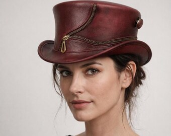 Red Leather Top Hat Steampunk Goth Cosplay Victorian Costume Accessory for Men