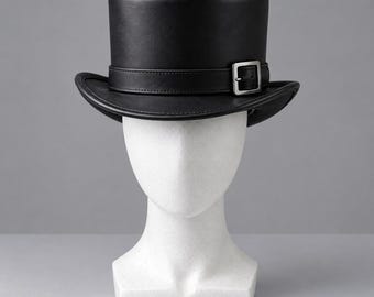 Black Leather Top Hat, Handmade Gothic Steampunk Victorian Costume Headwear, Silver Buckle