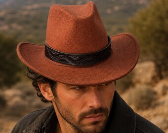 Brown Cowboy Hat Western Ranch Vintage Felt Festival Handmade Headwear Gift