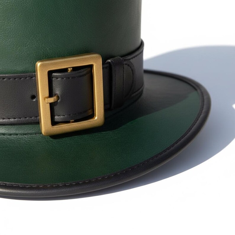May include: A green top hat with a black brim and a black band featuring a gold-colored buckle. The hat is made of a smooth material and is set against a white background.