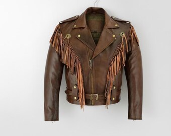 Handmade Brown Leather Fringe Biker Jacket | Western Cowboy Style