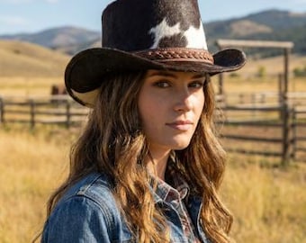 Cowhide Western Top Hat Rustic Cowboy Festival Leather Statement Hat