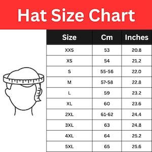 May include: A hat size chart with measurements in centimeters and inches. The chart includes sizes from XXS to 5XL, with corresponding measurements ranging from 53 cm (20.8 inches) to 65 cm (25.6 inches). A diagram illustrates how to measure the head.