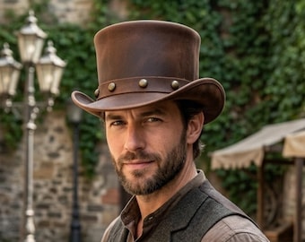 Brown Leather Top Hat Steampunk Victorian Gothic Festival Cosplay Handmade Western Costume Accessory