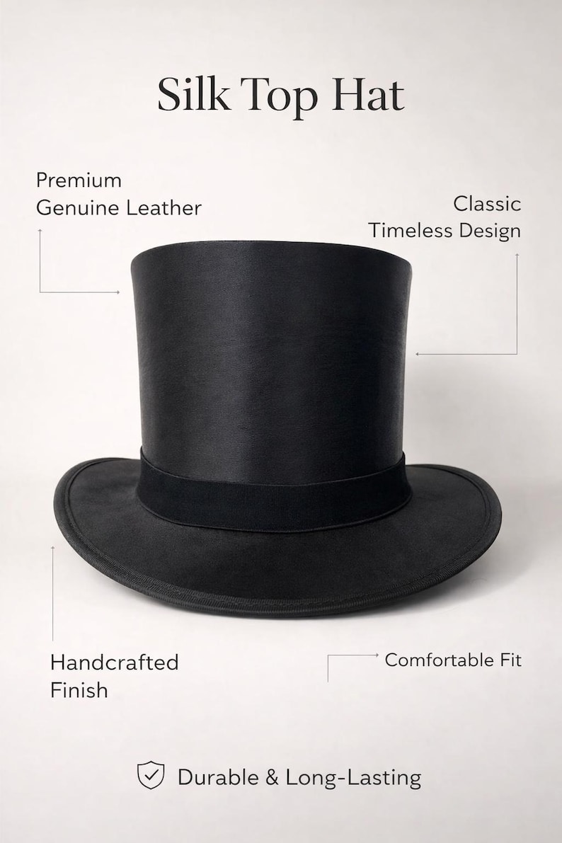 Puede incluir: Un sombrero de copa de seda negro con un dise&ntilde;o cl&aacute;sico y atemporal. El sombrero presenta un acabado artesanal, cuero genuino de primera calidad y un ajuste c&oacute;modo. Duradero y duradero.