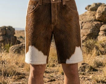 Cowhide Shorts, Brown White air On Hide Bermuda Shorts, Leather Waistband Western Cowboy Fashion