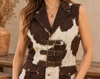 May include: A sleeveless vest featuring a brown and white cowhide pattern, a notched lapel collar, and three front buckle closures with metallic hardware. The garment includes two lower front pockets with small metallic button accents.