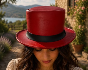 Red Top Hat Gothic Steampunk Festival Handmade Costume Vintage Statement Accessory