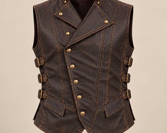 May include: A dark brown sleeveless vest with a distressed finish, featuring an asymmetrical front closure with brass-toned buttons, a high collar, and three adjustable buckle straps on each side, along with two front flap pockets.