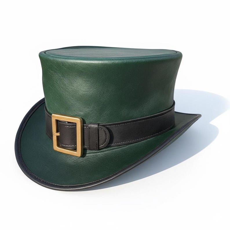 May include: A green leather top hat with a black band and a gold-colored buckle. The hat has a wide brim and a cylindrical crown. The hat is a traditional style, often associated with St. Patrick's Day.