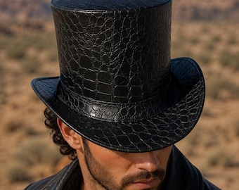 Black Crocodile Top Hat Gothic Steampunk Victorian Festival Headwear Handmade Luxury Hat
