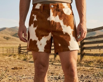 Cow Print Shorts, Cognac Brown Cowhide, Hair On Hide Mini Shorts, Western Fashion