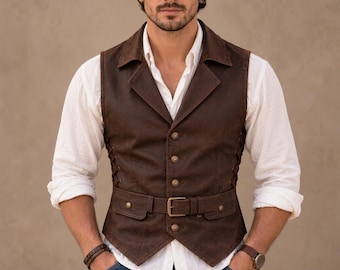May include: A dark brown vest featuring a notched lapel, five metallic buttons, and a matching belt with a buckle at the waist. The vest includes side lacing details and two small flap pockets, worn over a white long-sleeved button-down shirt.