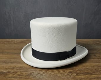 White Felt Top Hat Formal Wedding Headwear Classic Victorian Minimalist Timeless Elegant