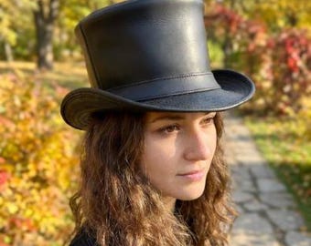 Black Leather Top Hat Minimalist Gothic Victorian Festival Costume Accessory