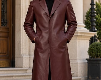 Men’s Burgundy Leather Trench Coat Long Vintage Style Classic Lapel Collar Elegant Formal Outerwear