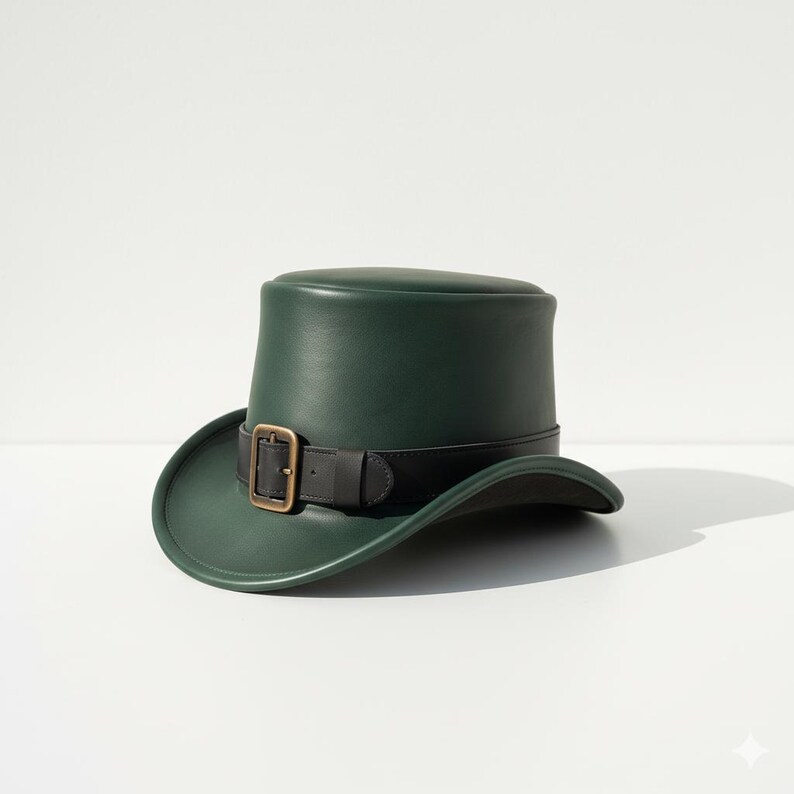 May include: A dark green leather top hat with a black leather band and a gold-colored buckle. The hat has a rounded crown and a slightly curved brim. The hat is approximately 6 inches tall.