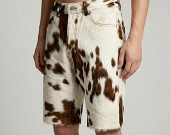 Cow Print Shorts, Brown White Cowhide Bermuda Shorts, Hair On Hide, Western Cowboy Fashion