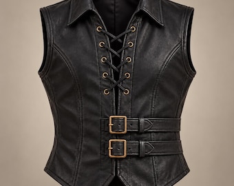 May include: A black sleeveless vest featuring a pointed collar and a front lace-up closure with brass-toned eyelets. The garment includes two horizontal straps across the midsection, each secured with a rectangular brass-toned metal buckle.