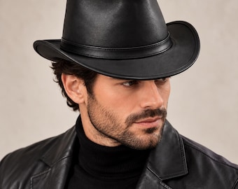 Men’s Black Leather Cowboy Hat Classic Western Style Wide Brim Biker Hat Vintage Gothic Headwear