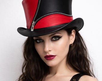 Red Leather Steampunk Top Hat | Handmade Gothic Victorian Cosplay Hat