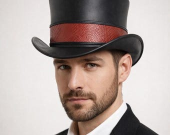 Schwarzer Leder-Zylinder mit strukturiertem rotem Band - Steampunk Gothic Victorian Cosplay