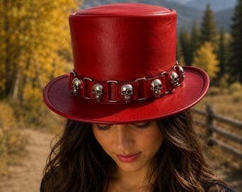Red Skull Top Hat Gothic Biker Steampunk Handmade Festival Statement Fashion Accessory