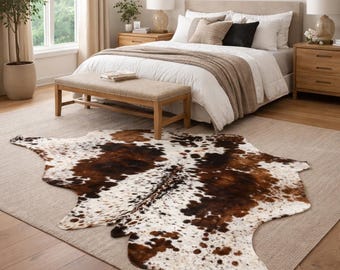 Cowhide Rug Rustic Western Leather Hide Carpet Farmhouse Livingroom Bedroom Natural Decor Accent Piece