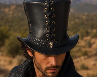 Black Steampunk Top Hat Gothic Skull Lace-Up Festival Headwear Handmade Costume