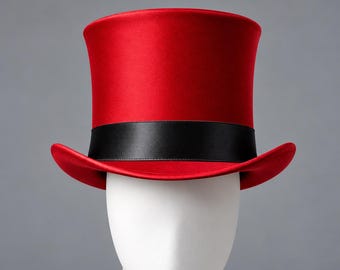 May include: A vibrant red top hat featuring a smooth, felt-like texture and a wide, structured crown. The hat is accented with a solid black satin ribbon band encircling the base, which contrasts against the bright red color of the hat.