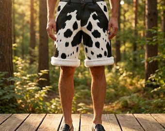 Cow Print Shorts, Leather Fur Trim Bermuda Shorts, Black White Cowhide Shorts Fur Cuff