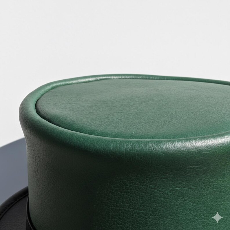 May include: A close-up of a green top hat. The hat is made of a smooth, textured material and has a rounded top. The hat's brim is black. The hat is a classic accessory.