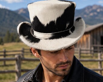 Cowhide Top Hat Western Ranch Festival Handmade Statement Fashion Accessory