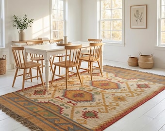 Handwoven Kilim Jute Rug, Wool Jute Kilim Area Rug, Flatweave Rug, Boho Tribal Rug, Indian Dhurrie Rug, Farmhouse Living Room Decor