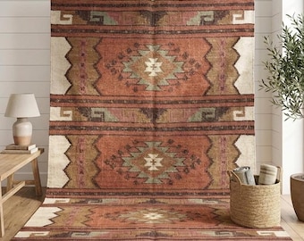 Jute Kilim Rug, Handwoven Wool Jute Blend Flatweave Rug, Tribal Southwestern Pattern, Custom Sizes Available