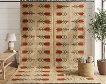 Handgefertigter Kelim Teppich aus Wolle, Handgewebter Kelim Teppich, Flachgewebe Teppich im Boho Stil