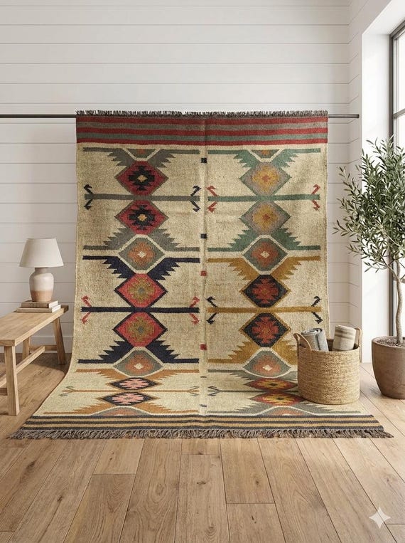 Handwoven Wool Jute Rug, Kilim Area Rug, Natural Fiber Flatweave Rug, Indian Dhurrie, Boho Tribal Rug, Custom Size