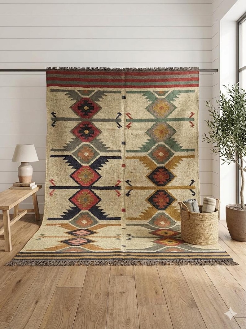 May include: A large rectangular area rug featuring a cream-colored base with a repeating geometric pattern in shades of red, navy blue, mustard yellow, green, and gray. The rug has a fringed edge at the top and bottom and a horizontal striped border.