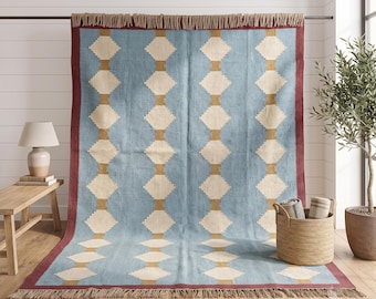 Kilim Wool Jute Area Rug, Handwoven Flatweave Tribal Rug, Southwestern Pattern, Handmade in India, Custom Size Rug