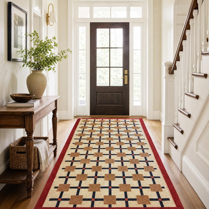 Close-up texture of handwoven wool and jute flatweave rug