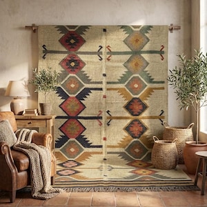 Handwoven wool jute kilim area rug