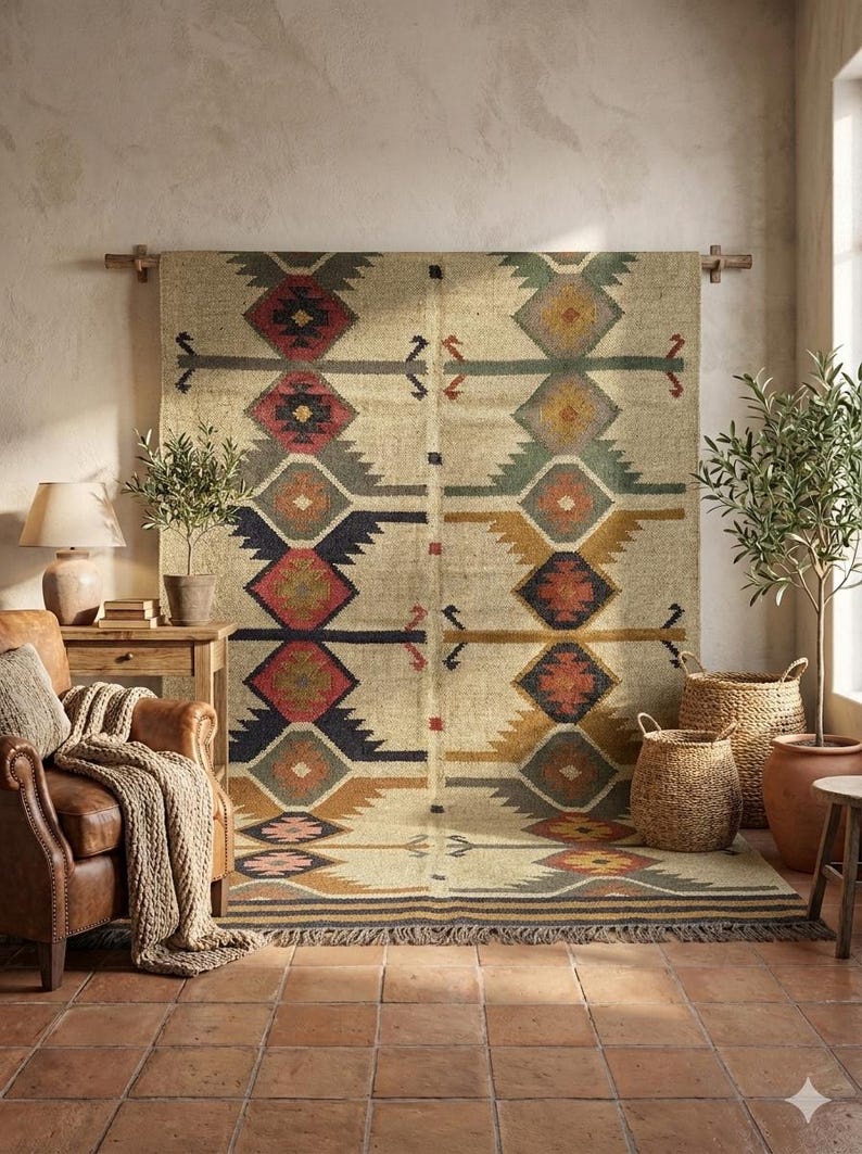 Handwoven wool jute kilim area rug