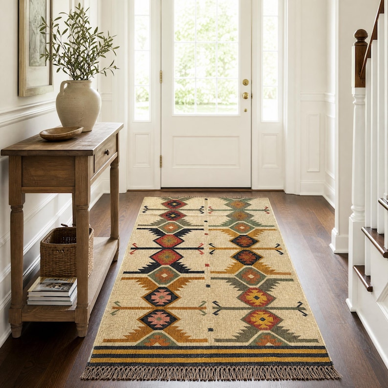 Boho tribal wool jute area rug