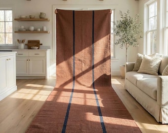 Handwoven Wool Stair Runner Rug, Earthy Brown Kilim Runner Rug, Striped Flatweave Hallway Entryway Rug, Custom Size Boho Farmhouse Decor