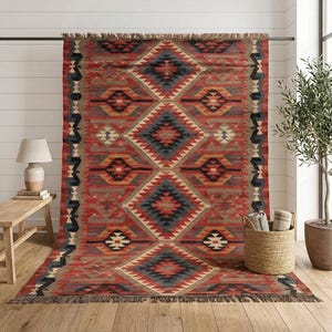Natural Jute Kilim Rug - Boho Tribal Area Rug for Living Room, Farmhouse Flatweave Carpet, Eco-Friendly Rustic Home Decor