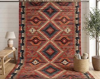 Natural Jute Kilim Rug - Boho Tribal Area Rug for Living Room, Farmhouse Flatweave Carpet, Eco-Friendly Rustic Home Decor