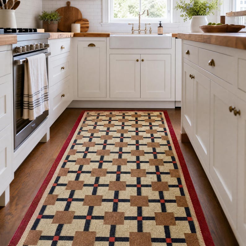 Wool jute rug styled under coffee table in modern boho living room
